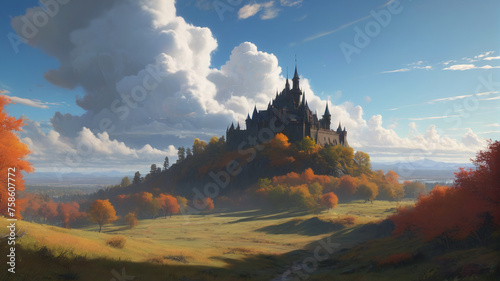 Enchanting medieval castle on a great hill. Beautiful landscape. Generative AI.