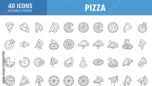 Pizza whole, slices line icons set. Editable stroke. Containing as Cooking, baking, packaging, delivery outline pictograms collection. Ingredients, cutting, bakery food and more. Vector  illustration