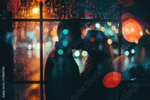 Silhouette of a young couple kissing near the window in the evening