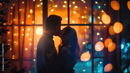 Silhouette of a young couple kissing near the window in the evening