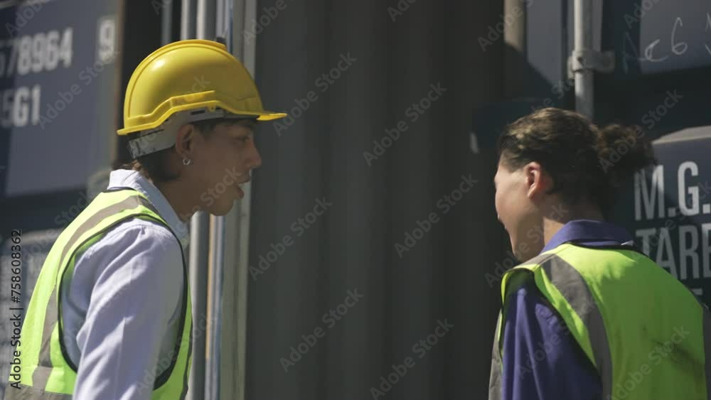 Blue collar workers are working at container warehouse. Blue collar workers are working at container warehouse.