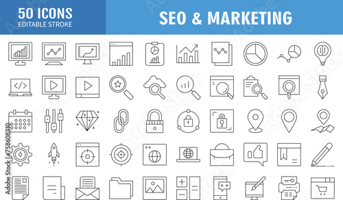 Digital marketing and SEO line icons set. Editable stroke. Containing as Website, search, mail, analysis, content, strategy, development, store and more. Vector illustration