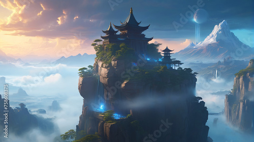 Mighty, stone temple, edge of the world, huge, magical shield, generative AI  © 4K_Heaven
