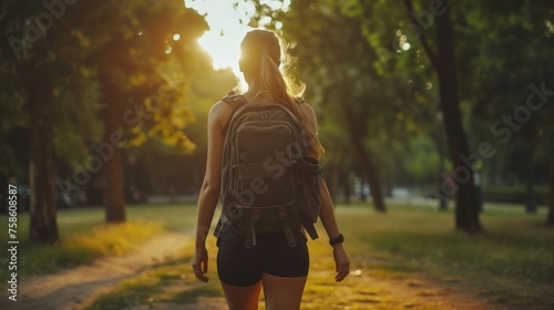 Woman enjoys a peaceful walk through an park, a gentle reminder of the simple pleasures and beauty of nature. Woman with backpack, rucking photo