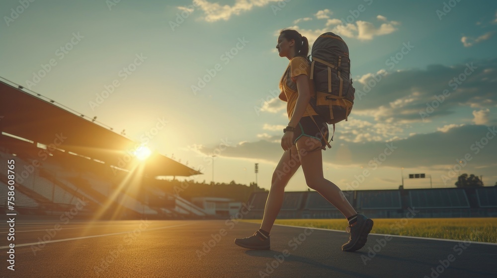 Joyful woman with a large backpack enjoys the golden hour at an empty stadium, rucking, weighted backpack walking, outdoor fitness, ruck marching, endurance training, cardiovascular exercise - obrazy, fototapety, plakaty 
