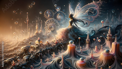 The artwork blending Fairypunk, Margarita Kareva's style, Koloman Moser's designs, and Ferrofluid art into a whimsical, enchanting scene is complete photo