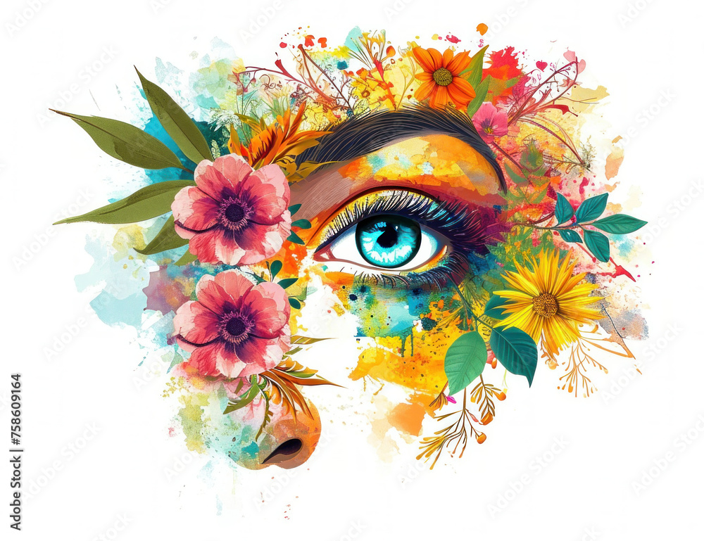 Beautiful woman's face with floral background and striking eye illustration in vintage style