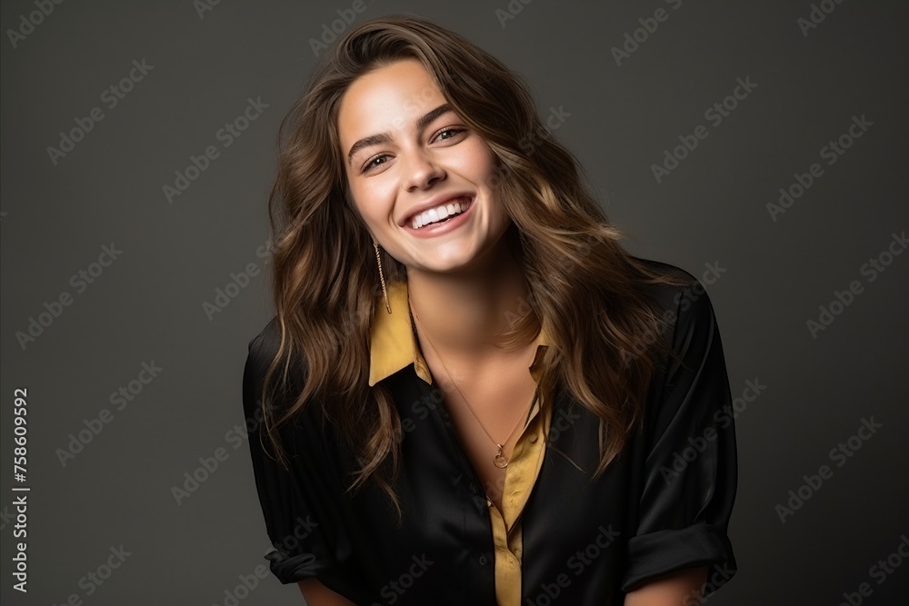 Portrait of a beautiful young woman laughing and looking at camera over grey background Portrait of a beautiful young woman laughing and looking at camera over grey background