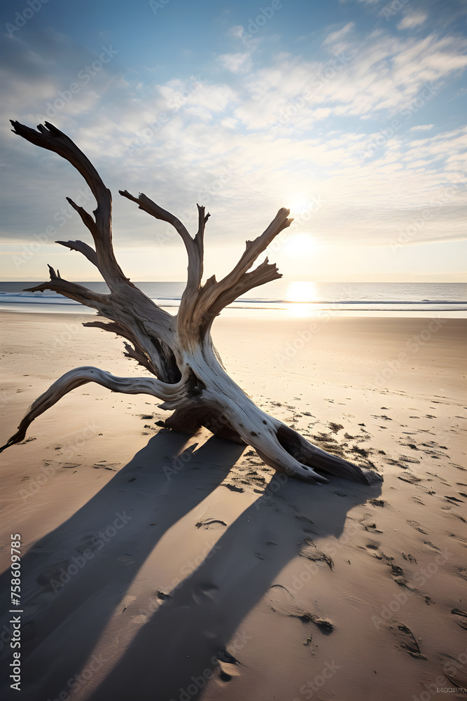 Driftwood Solitude: An Evocative Study of Weathered Wood Amidst a Serene Seascape Bathed in Morning Light