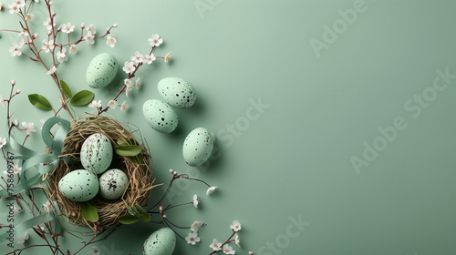 A beautiful nest cradles delicate eggs amidst a bed of vibrant flowers, all set against a lush green background, Easter Background