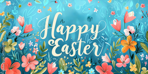 Vibrant blue background adorned with colorful flowers surrounding a joyful Happy Easter message in the center, Easter Background Vector Illustration
