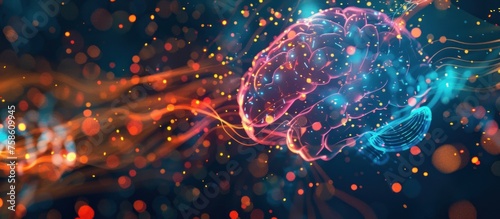 Futuristic visualization of human brain neuron activity digitally concept. Generated AI image