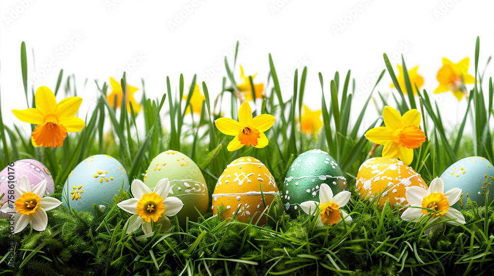 A group of eggs nestled in the vibrant grass with blooming daffodils, symbolizing the arrival of spring and new beginnings, Easter Background 