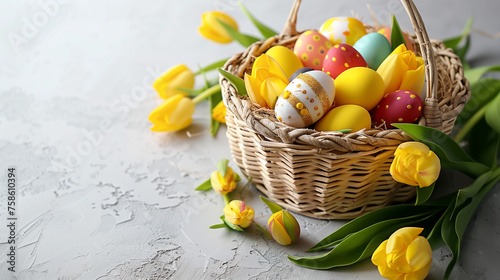 An assortment of colorful Easter eggs fills a traditional wicker basket  creating a cheerful and festive display of springtime celebrations  Easter Background 