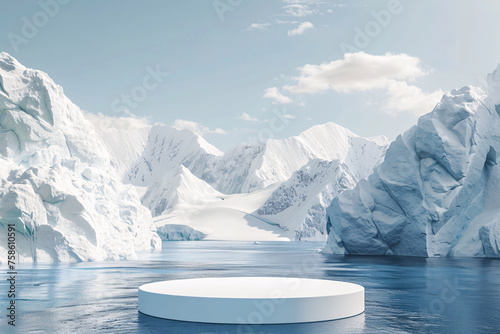 product podium stage presentaion with glacier background for advertisement photo