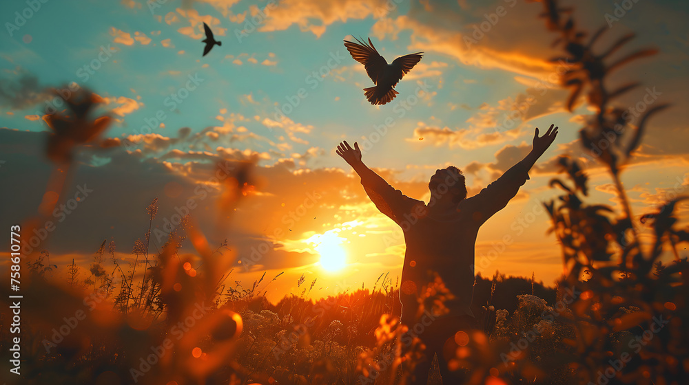 Man experiences freedom and adventure while raising hands against sunset sky with bird fly background. Vintage filter adds color and style.