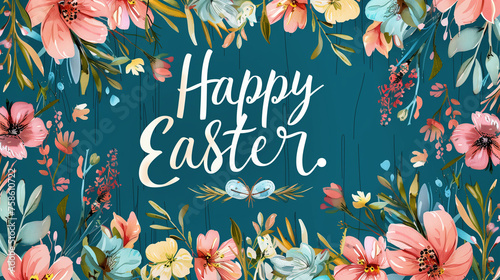 A vibrant blue background adorned with colorful flowers and the phrase Happy Easter in a whimsical font, radiating festive springtime cheer, Easter Background Vector Illustration
