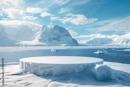 product podium stage presentaion with glacier background for advertisement photo