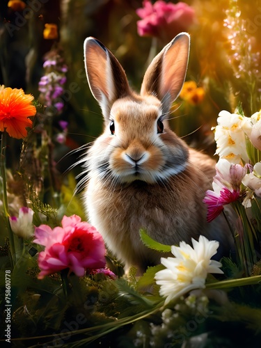 rabbits nestled among spring flowers in a meadow
