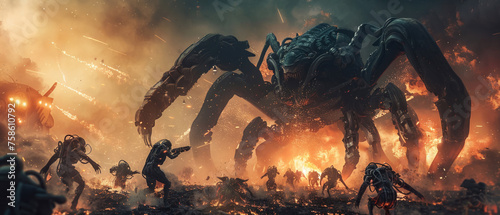 Apocalyptic showdown mechanical warriors fighting against alien forces.3D render