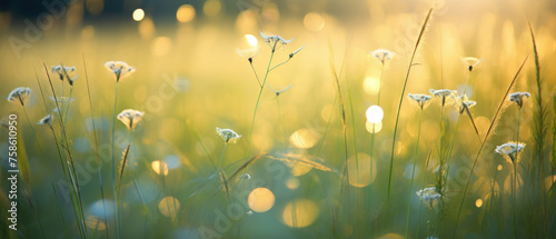 Vast fields of summer wild floral flowers with beautiful golden light blur bokeh effects created with Generative AI Technology