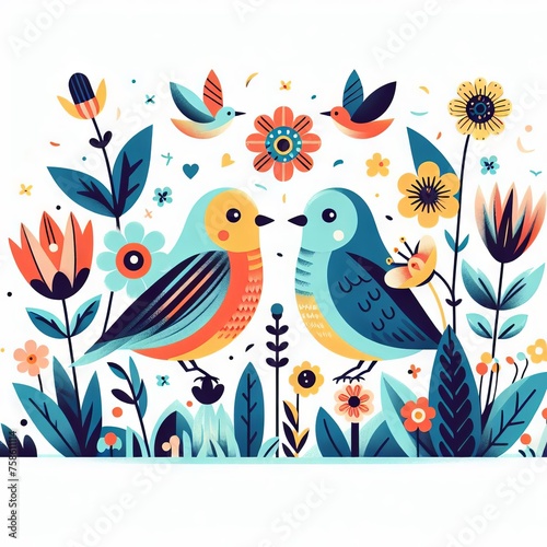 Two birds on a background of a pattern of flowers.Flat style