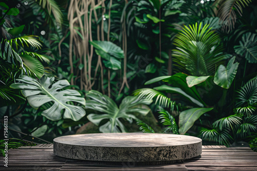 circular product podium presentation with jungle tropical plants background for advertisement