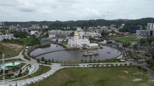 Aerial drone shot of Sultan Omar Ali Saifuddien Mosque complex in Bandar Seri Bagawan in Brunei Darussalam
 photo