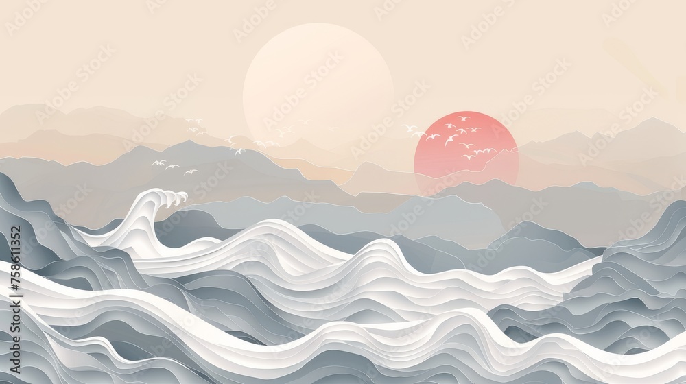 This is a background with an abstract landscape with a modern image of a Japanese wave pattern in white and gray. Ocean sea art with a natural template.