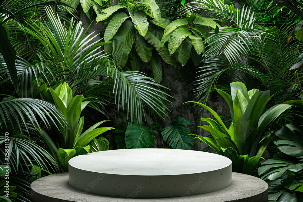 circular product podium presentation with jungle tropical plants background for advertisement