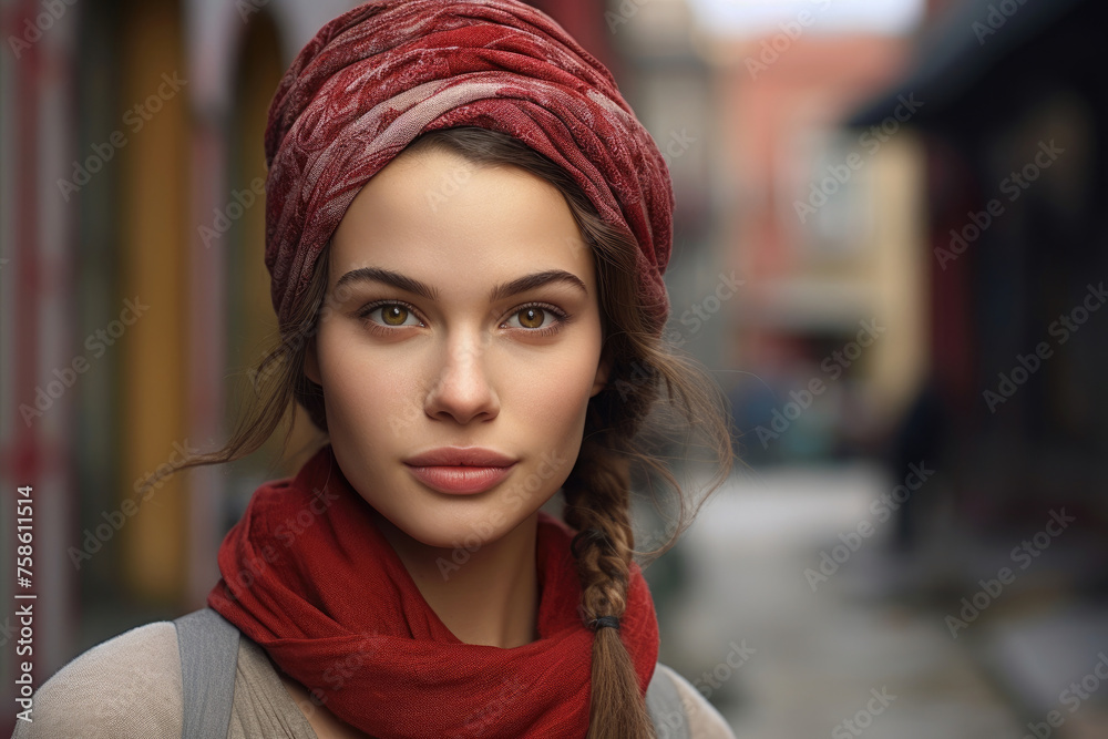 beautiful hungarian women model with headscarf hijab in standing the middle of the street beautiful hungarian women model with headscarf hijab in standing the middle of the street