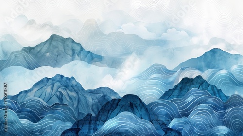 Cloud decorations with blue watercolor texture in vintage style. Abstract art landscape with mountains and ocean sea. photo