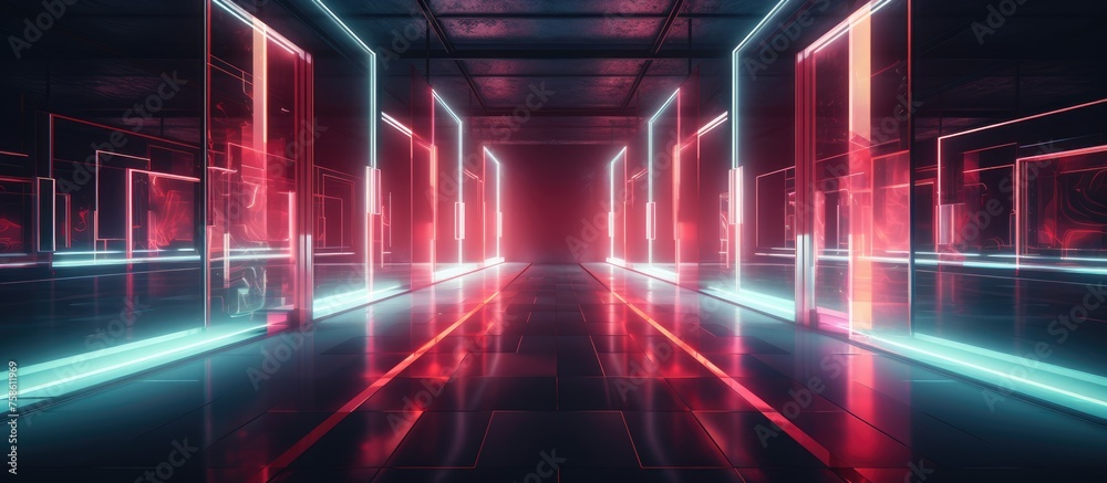Abstract neon-lit corridor with mirrored reflections and smoke-filled ambiance.