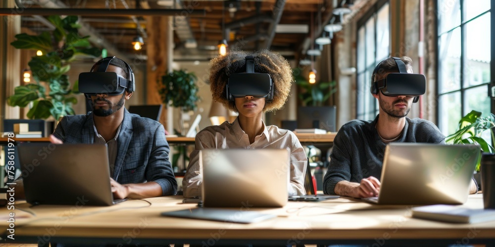 Three people wearing virtual reality headsets sit at a table with laptops. Generative AI.