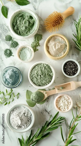 A bunch of different types of green and white powders and herbs. Generative AI.