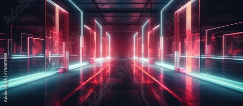 Abstract neon-lit corridor with mirrored reflections and smoke-filled ambiance.