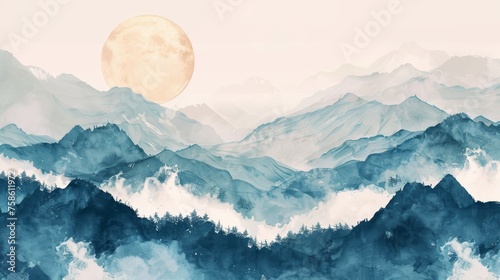 A modern abstract arts background with Japanese wave pattern. A watercolor painting texture ocean landscape wallpaper template. An Oriental mountain forest template.