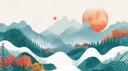 Japanese wave pattern modern background. Abstract art background with mountain forest.
