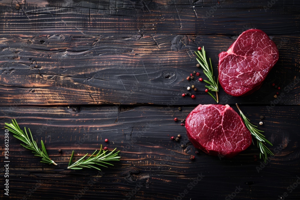 Fresh beef tenderloin steaks presented on a dark wooden table, accompanied by sprigs of rosemary for seasoning