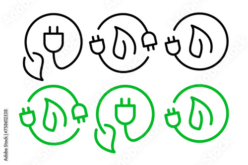 Green renewable plug leaf icons set. Electric power energy charge button symbol. Clean carbon-free power.
