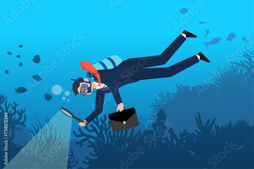 Businessman scuba diving with magnifying glass in deep blue ocean, deep dive analysis, discover business problem or improvement, strategy to develop and explore market and optimisation (Vector)