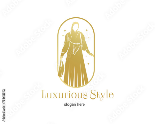 luxurious fashion dress logo design with women figure template. Women muslim dress or clothing logo design.	