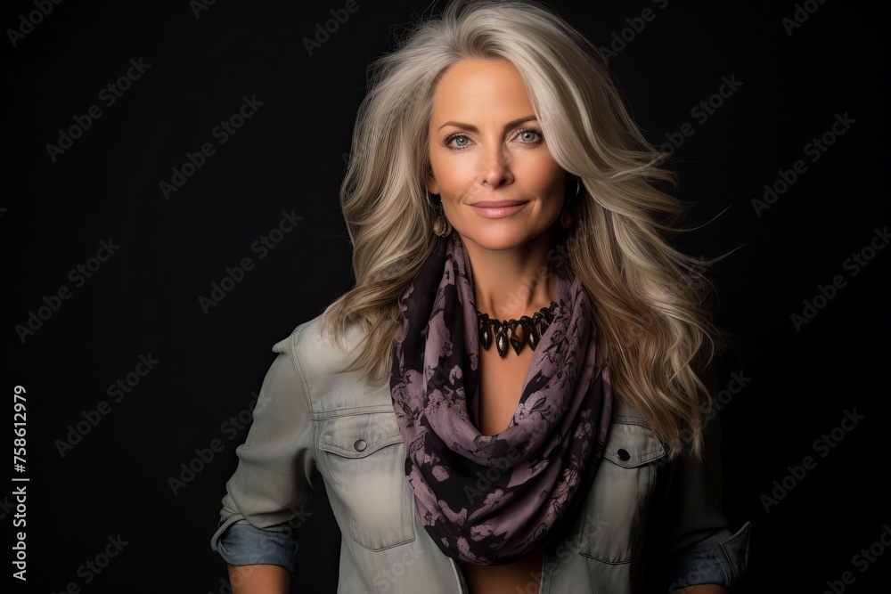 Beautiful middle-aged woman with long wavy blond hair on a black background Beautiful middle-aged woman with long wavy blond hair on a black background