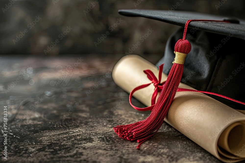 Graduation Cap and Diploma Concept on a Wood with gold bokeh background Graduation Cap and Diploma Concept on a Wood with gold bokeh background