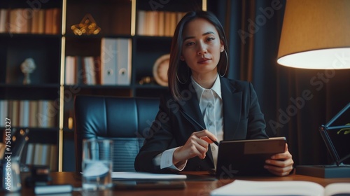 A business woman sits at a table in her own office, holding a tablet and pen. An Asian girl heads a department in the project and holds a high position