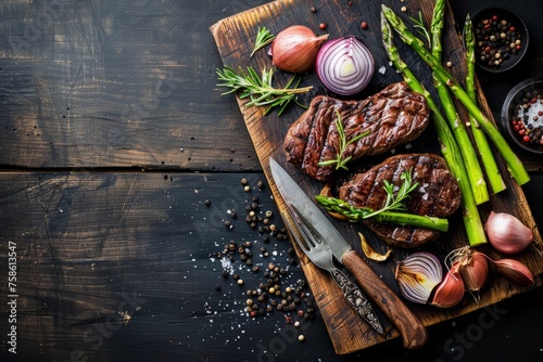 A commercial food photo featuring grilled fillet beef steaks, onion, and asparagus arranged on a wooden serving board with a meat knife and fork on a black wooden table background photo