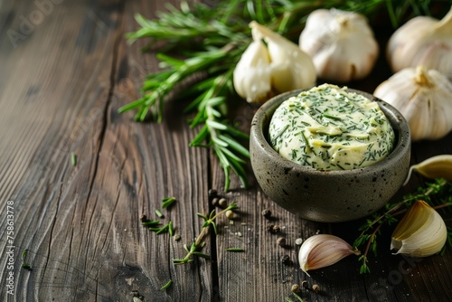 A bowl filled spread butterwith garlic and various herbs such as rosemary and thyme placed on a rustic wooden table