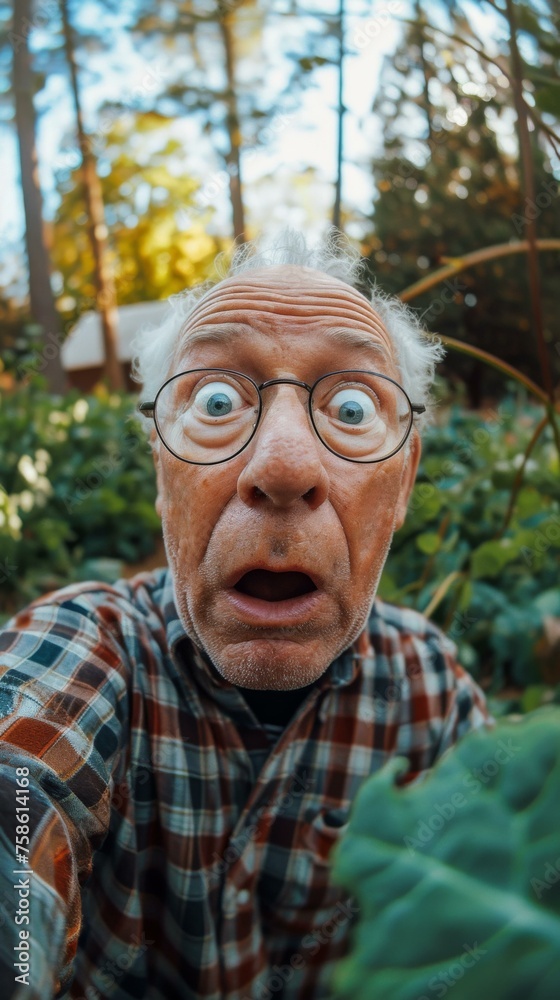 An old man with glasses and a checkered shirt is looking at the camera ...