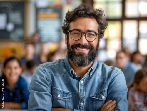 A man with glasses and a beard is smiling in front of a classroom. Generative AI.