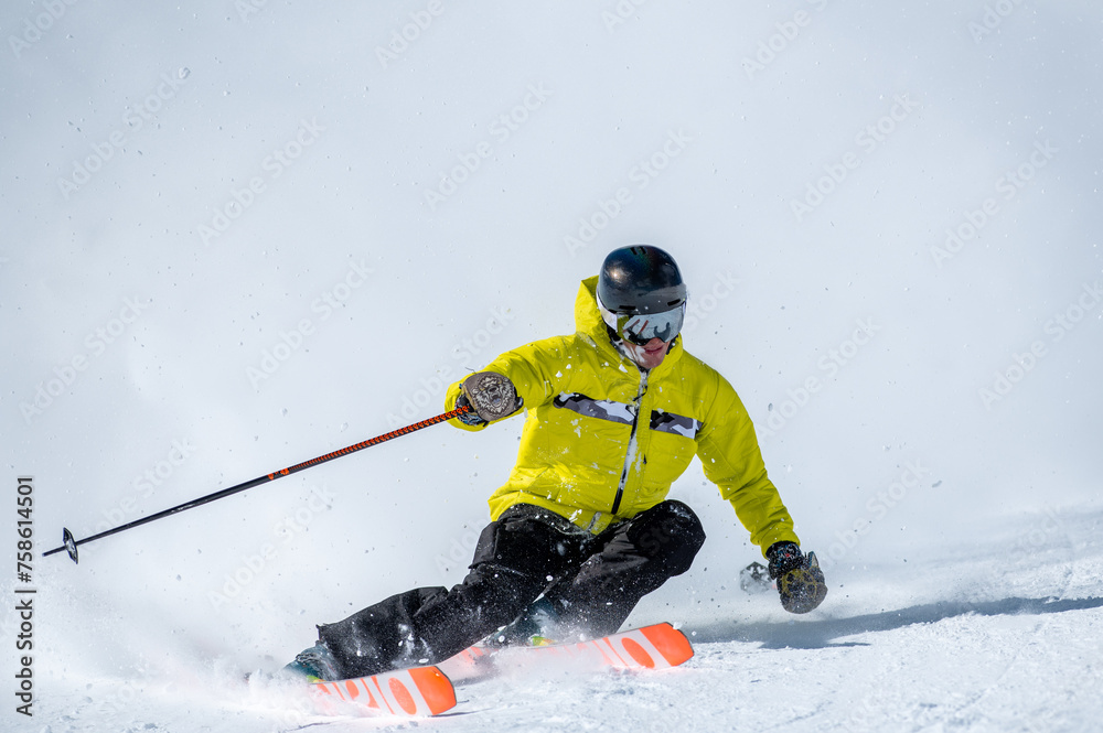 Expert skier on the slopes of Grandvalira in Andorra in Winter 2024